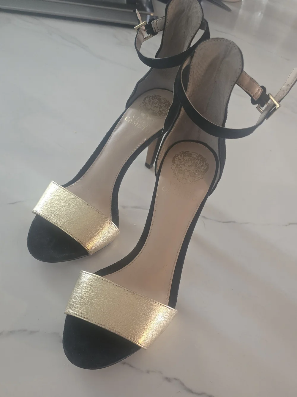 Vince Camuto Black and Gold Open-Toe Ankle-Strap Heels